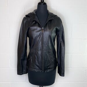 JLC Women’s Retro Black Leather Hooded Jacket Zip Front